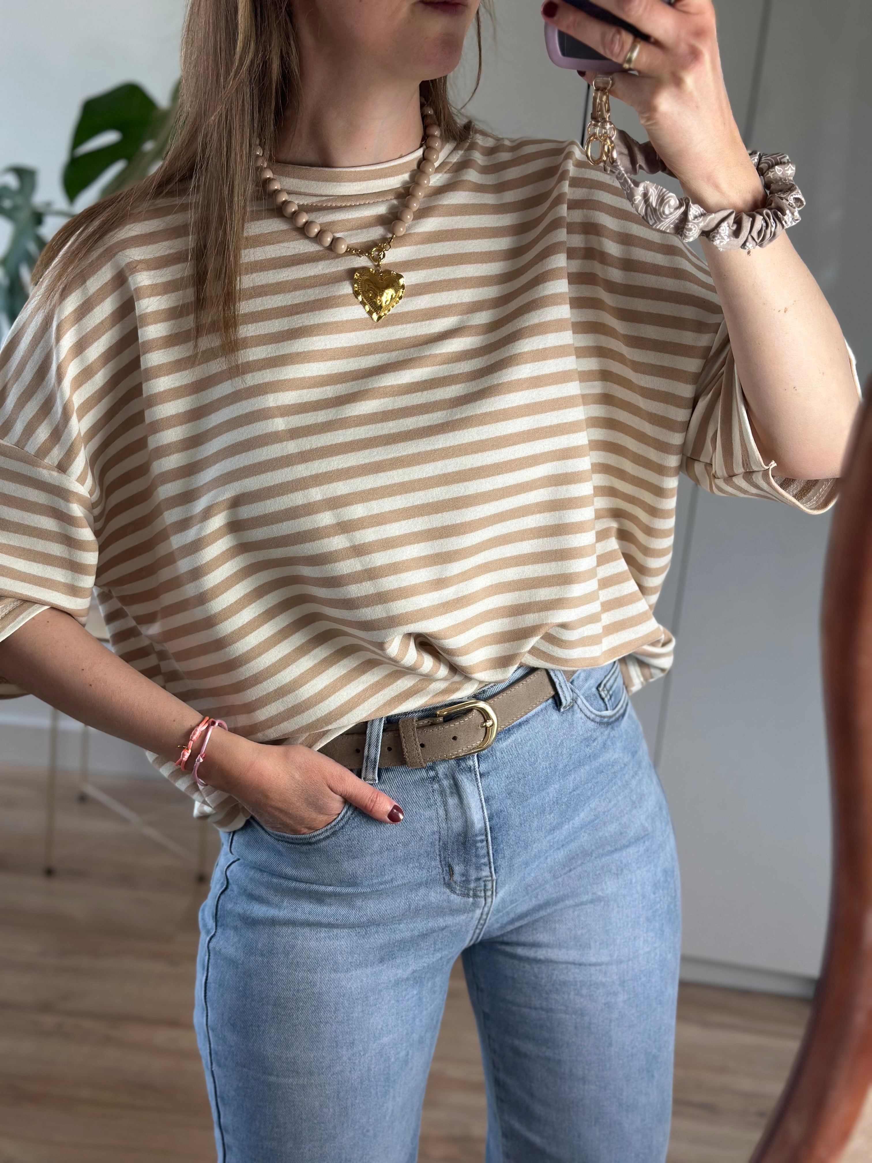Beige Wit Gestreept T-shirt | Top Floor