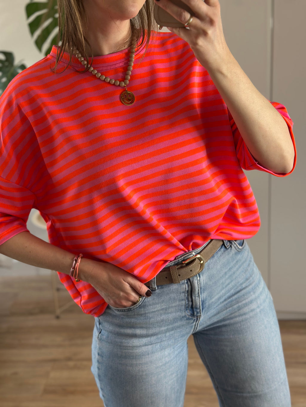 Roze Oranje Gestreept T-shirt | Top Floor