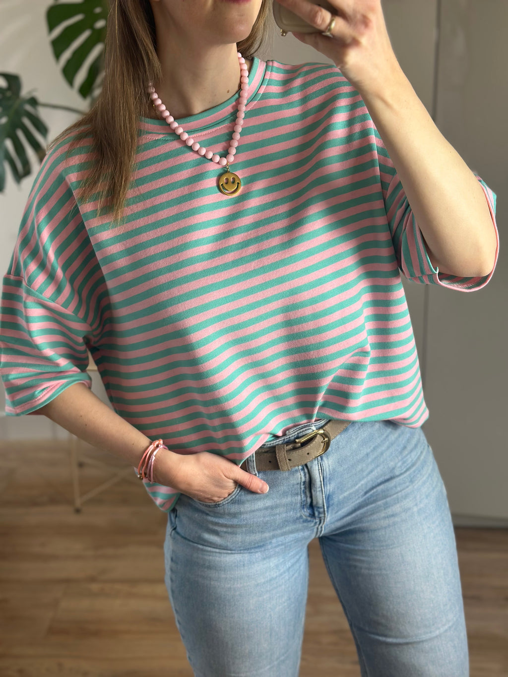 Turquoise Roze Gestreept T-short | Top Floor