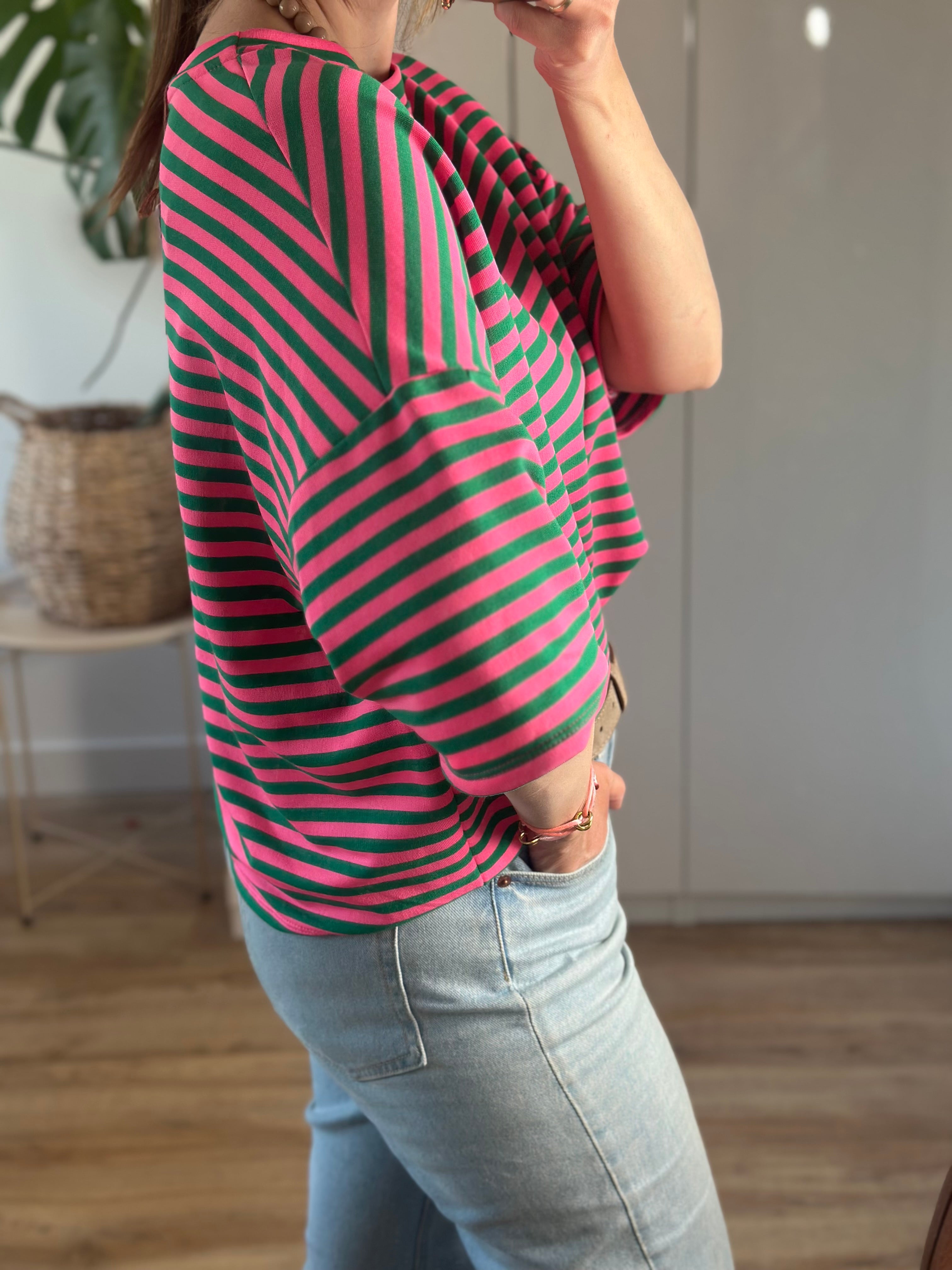Roze Groen Gestreept T-shirt | Top Floor