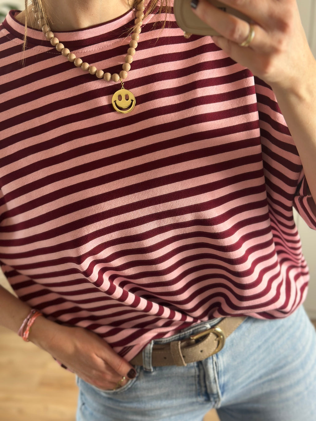 oversized gestreepte top bordeaux rood met roze maen conceptstore