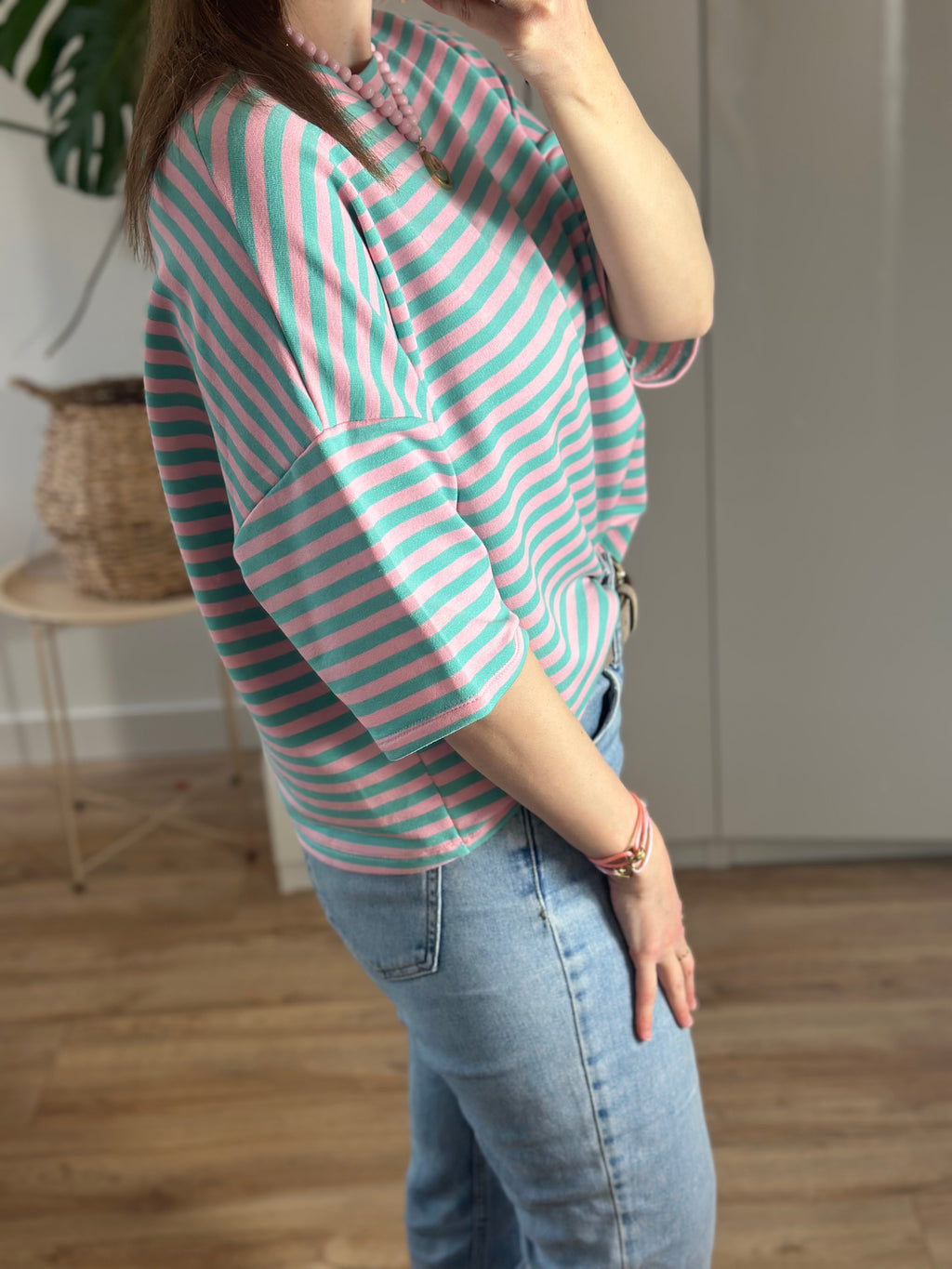 Turquoise Roze Gestreept T-short | Top Floor