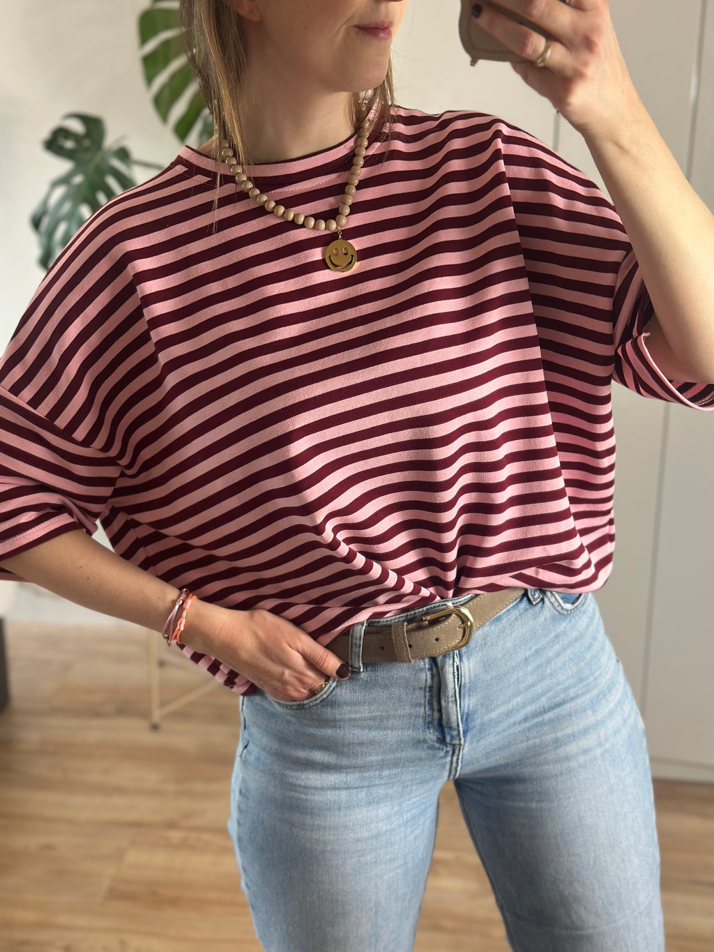 bordeaux roze gestreept T-shirt dames top maen conceptstore