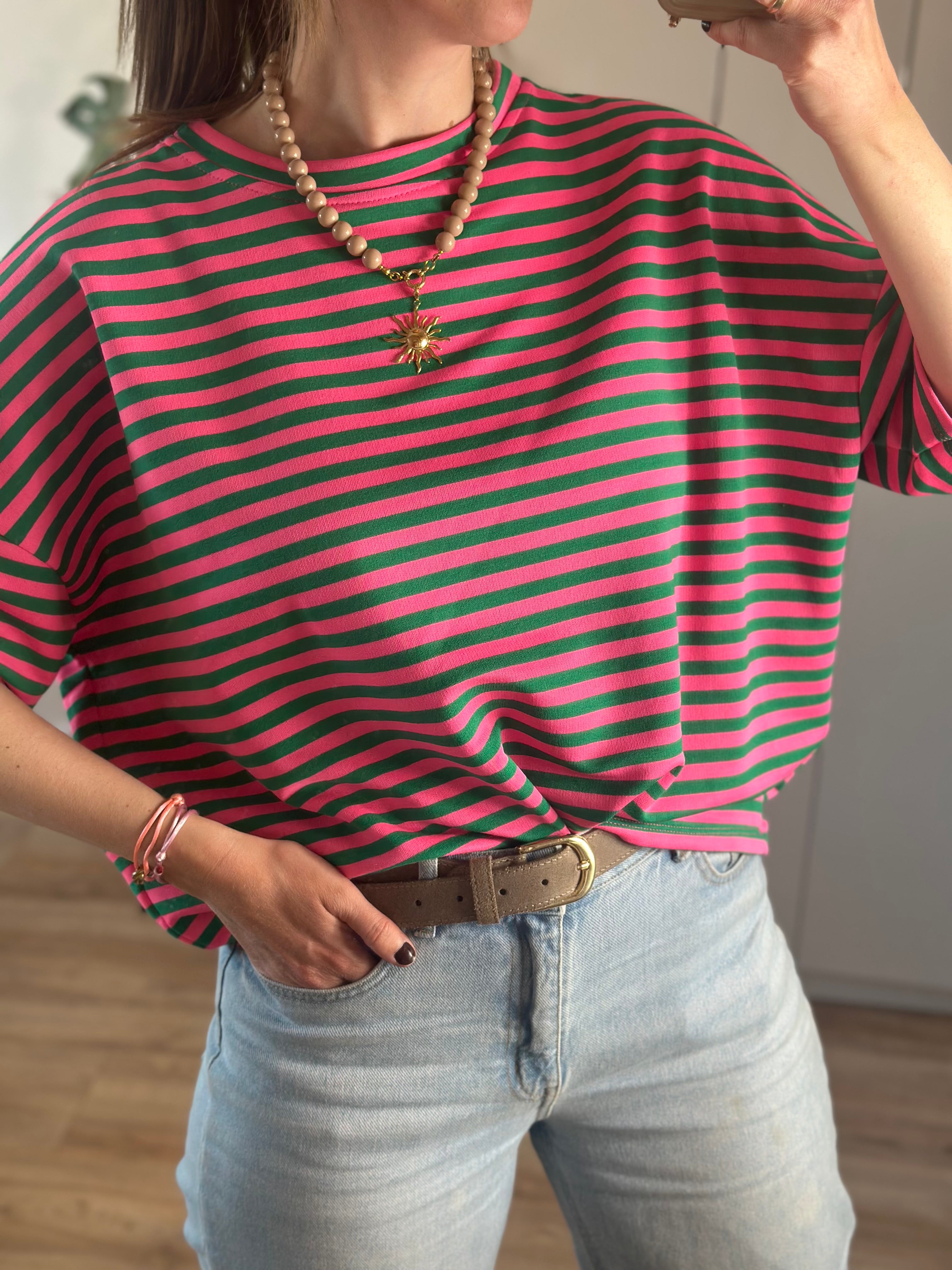 Roze Groen Gestreept T-shirt | Top Floor