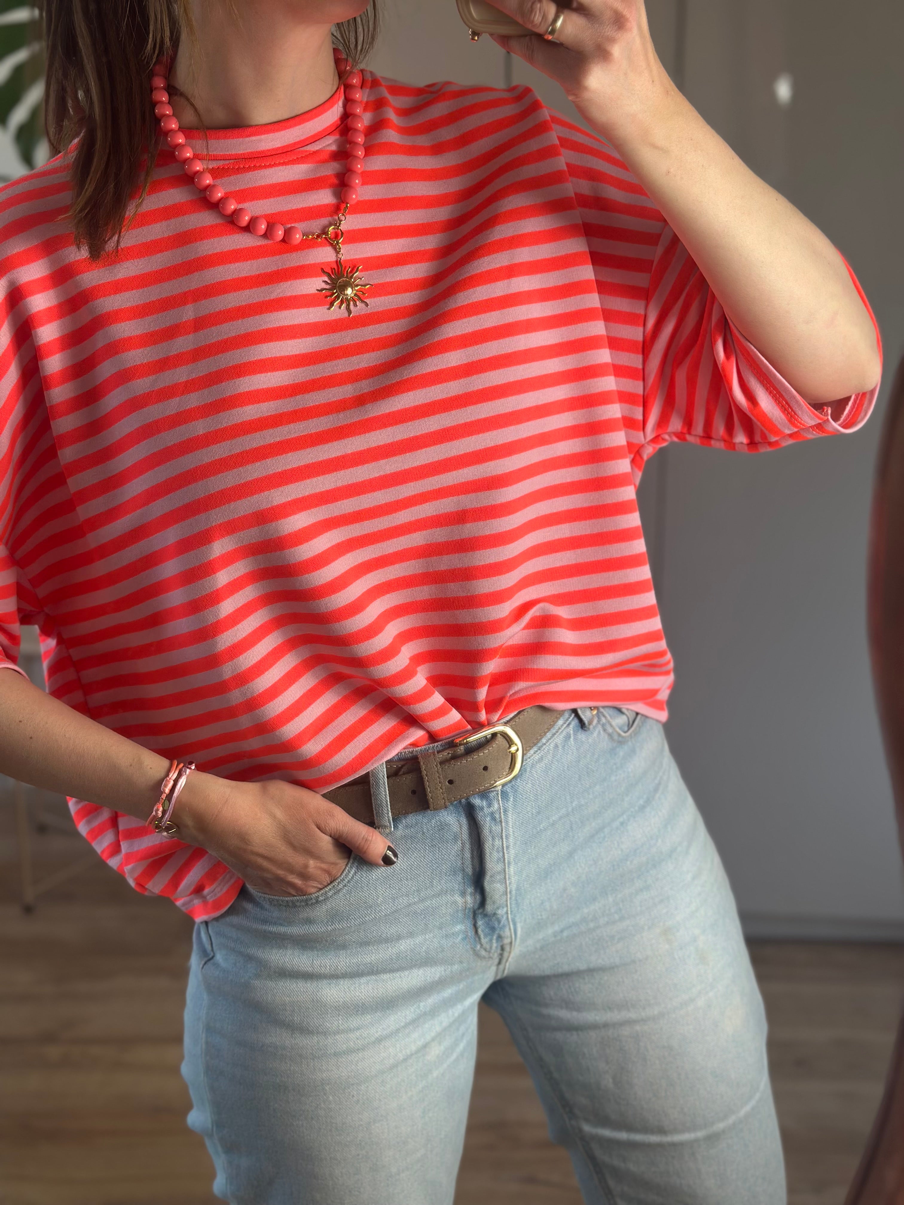 Fel Roze Gestreept T-shirt | Top Floor