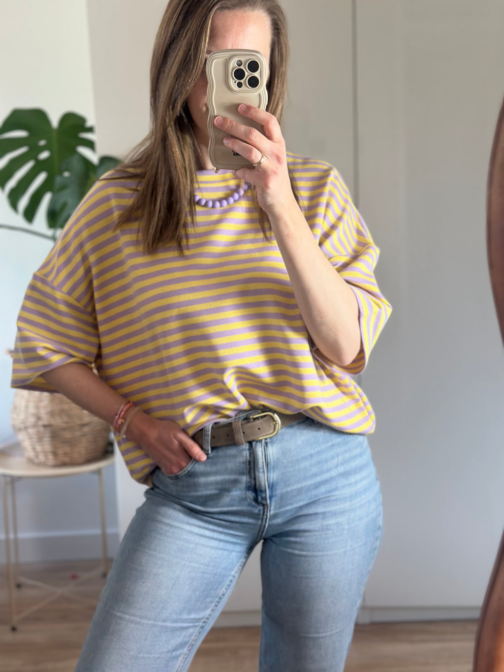 Lila Geel Gestreep T-shirt | Top Floor