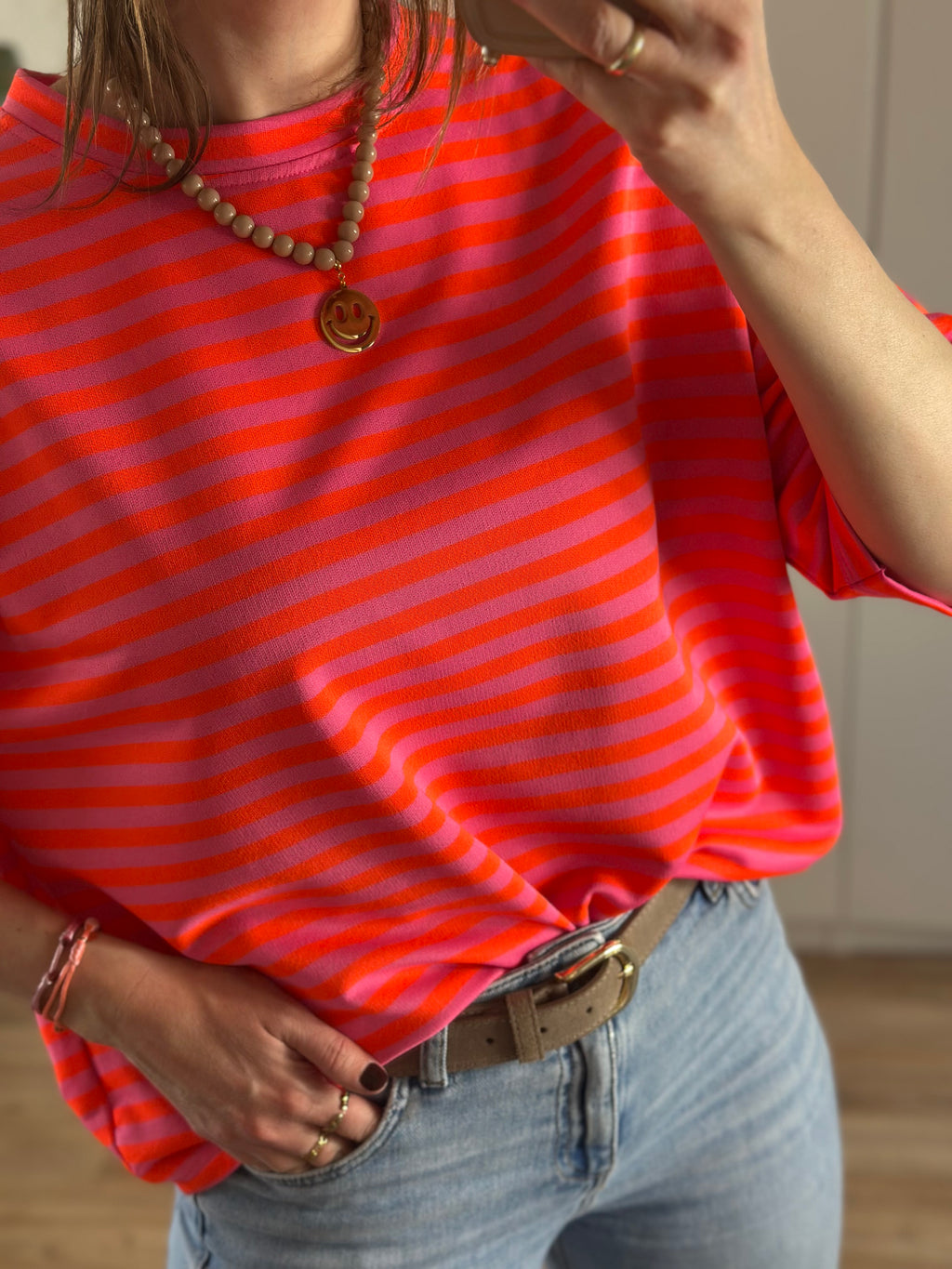 Roze Oranje Gestreept T-shirt | Top Floor