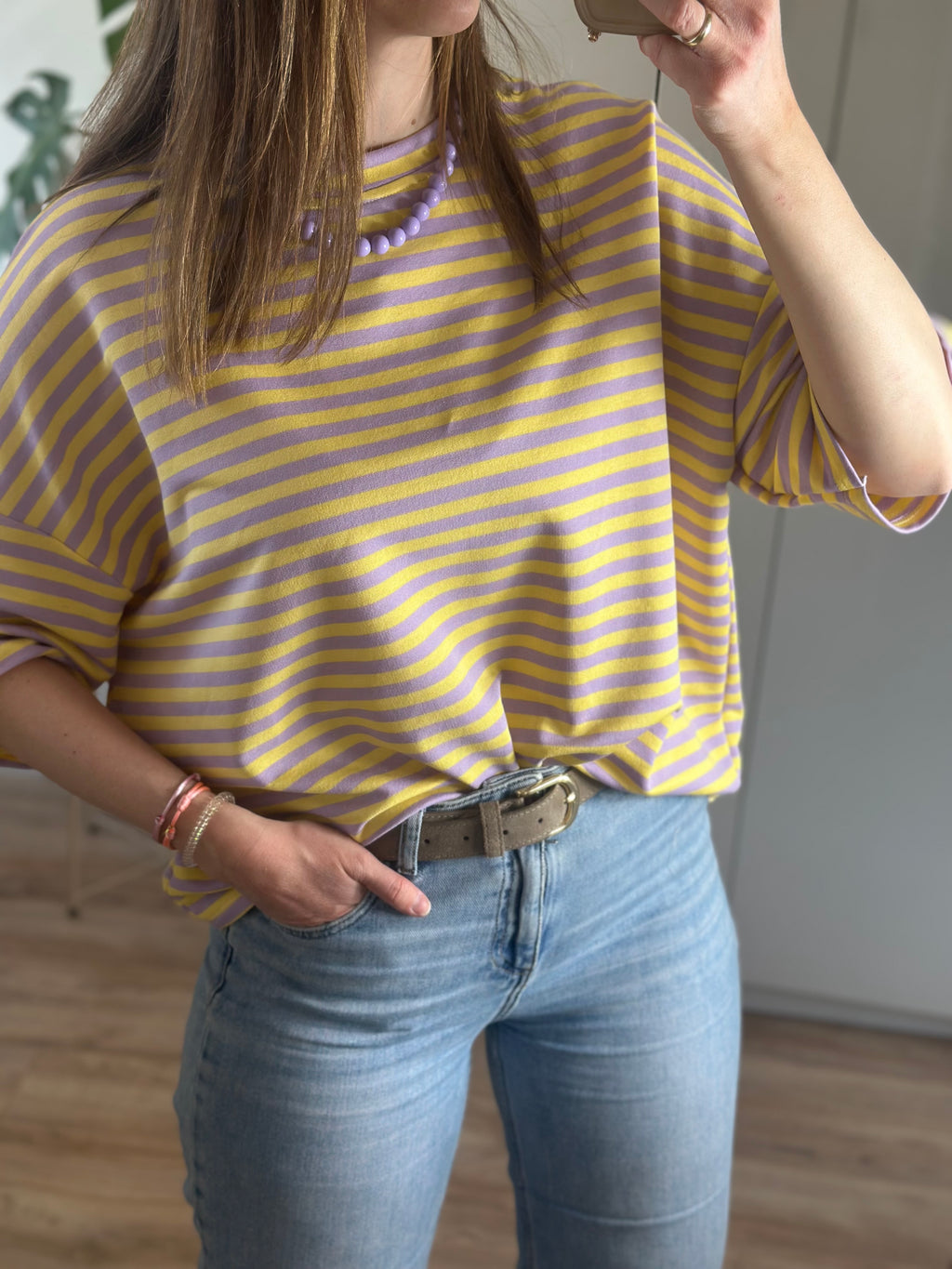 Lila Geel Gestreep T-shirt | Top Floor