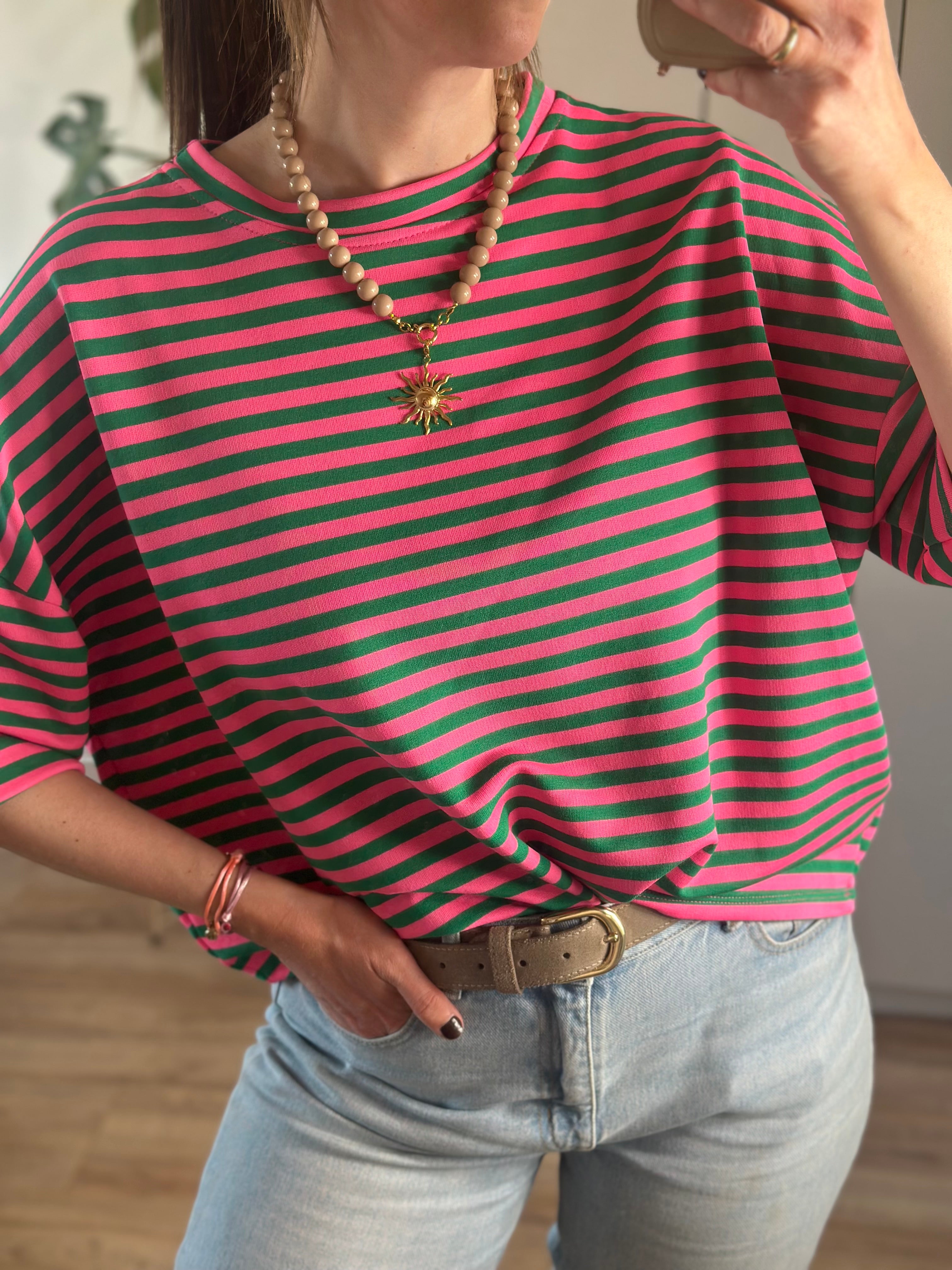 Roze Groen Gestreept T-shirt | Top Floor