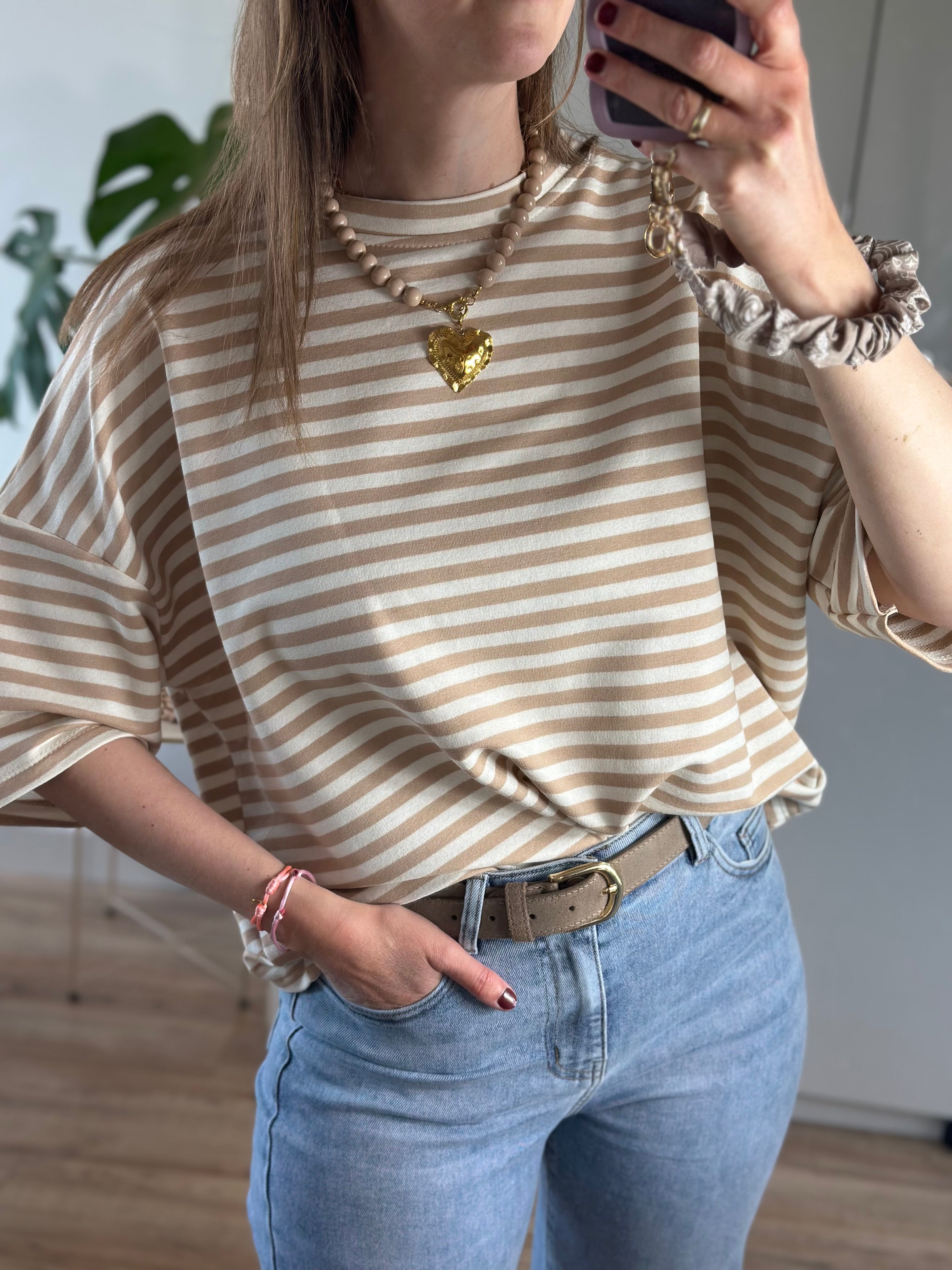 Beige Wit Gestreept T-shirt | Top Floor
