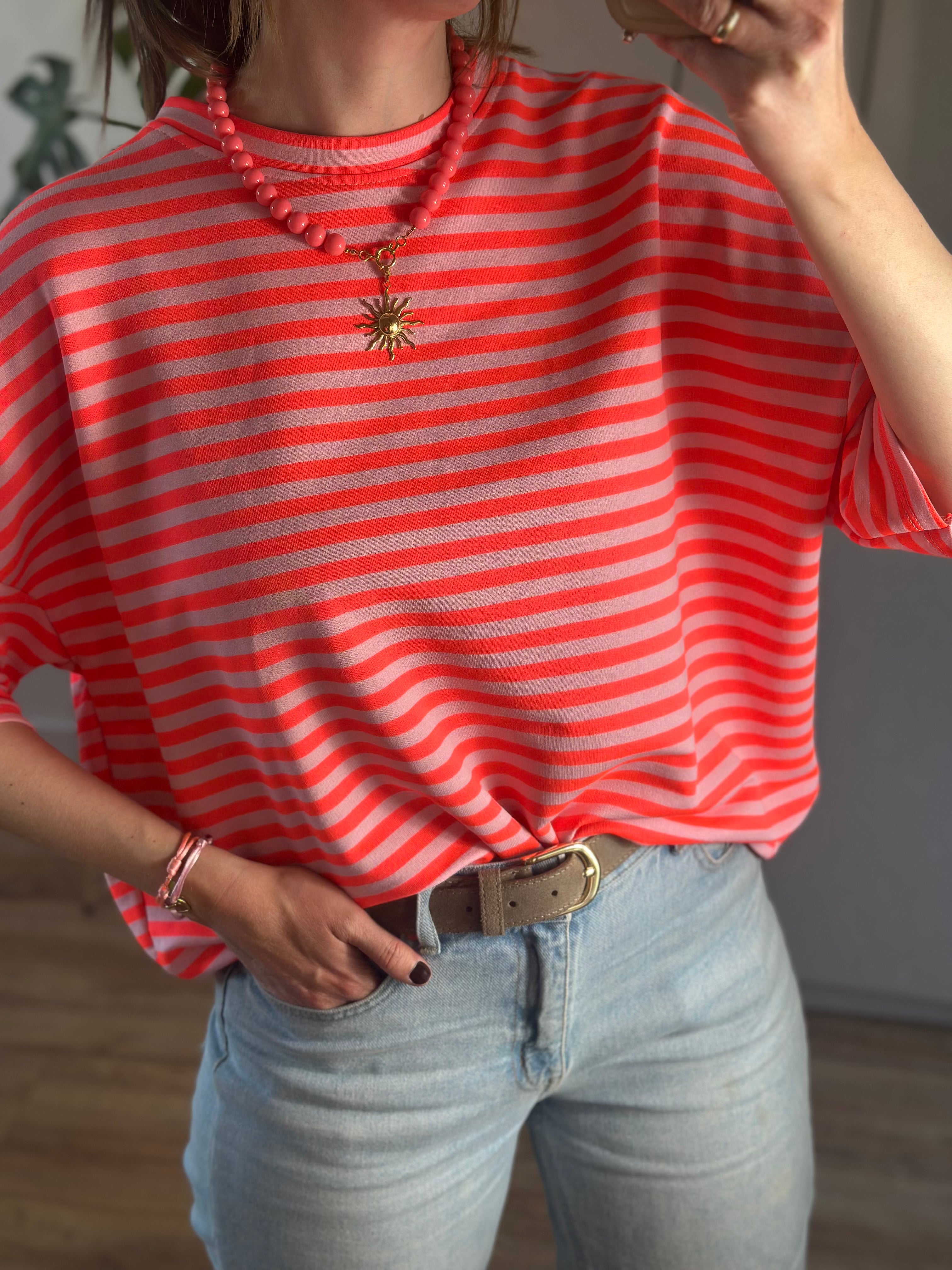 Fel Roze Gestreept T-shirt | Top Floor